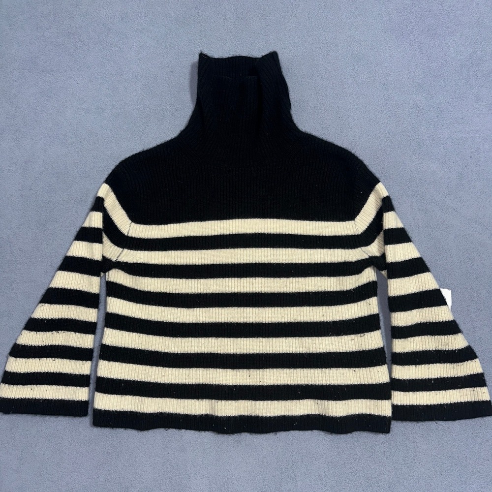 J Crew Wool Cashmere Striped Turtleneck Sweater Black Cream Womens Size S